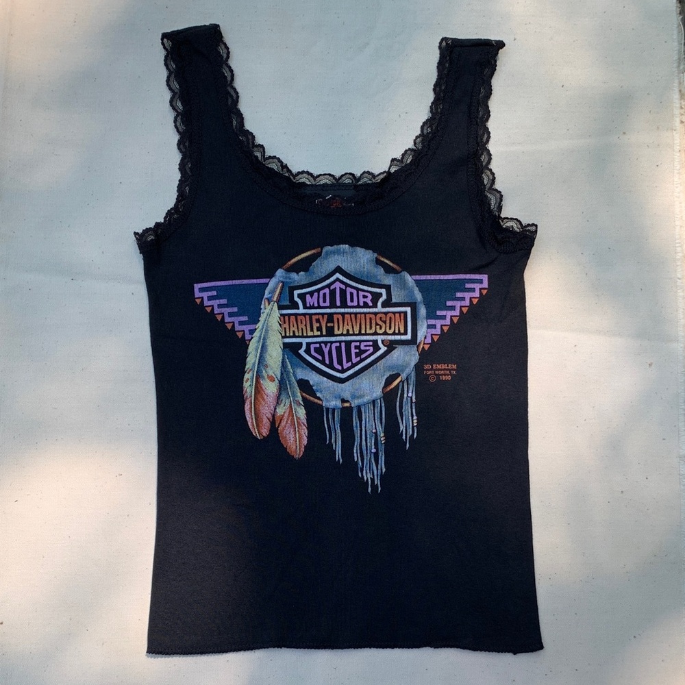 Vintage 1990 Harley Davidson lace edge 3D emblem Dreamcatcher Biker Tank Top